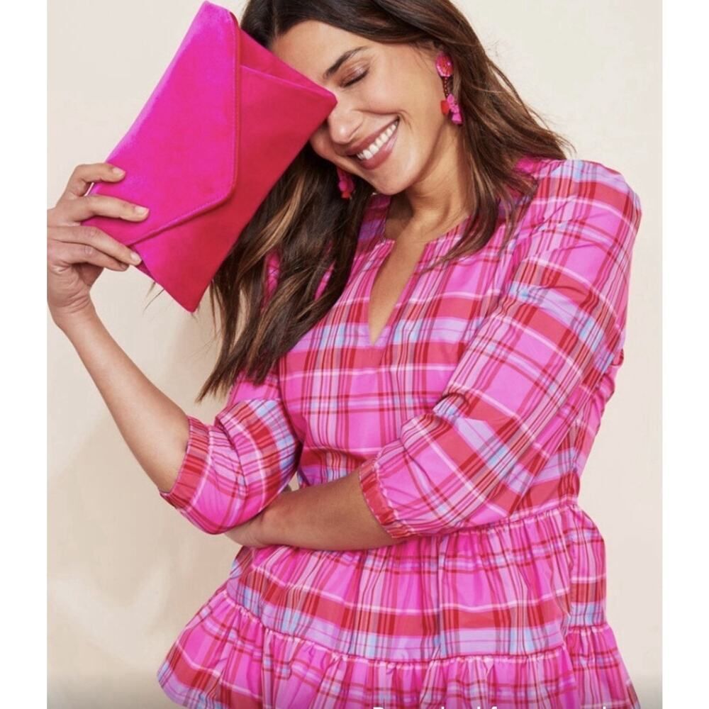Vineyard Vines x Tuckernuck Pink Tartan Taffeta Tiered Party Plaid Tiered Top L